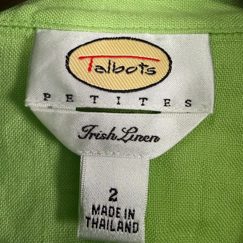 Talbots Women’s 2 Petite Irish Linen Blouse Green Ruffled Sleeves Button Up EUC - Picture 3 of 8
